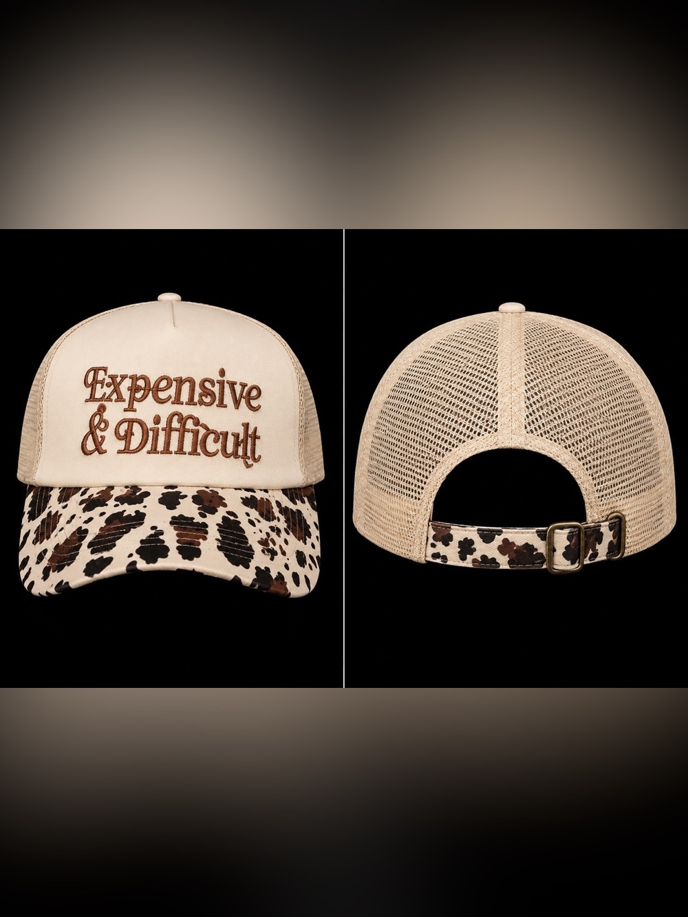 🆕 Expensive & Difficult Cow Print Trucker Hat Cream Brown Adjustable - Picture 2 of 2